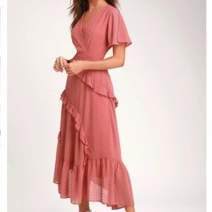 Lulus Next to You Rose Dot Ruffled Midi Dress SZ M